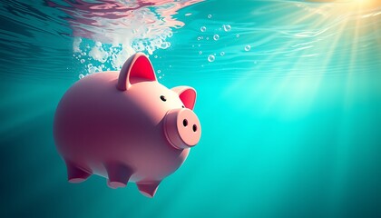 Drowning Pink Piggy Bank: Illustrating Debt, Bankruptcy, and Economic Crisis