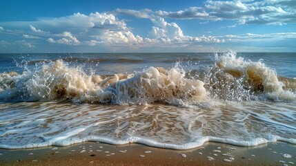 A crashing wave with white foam and sea spray against a blue sky with white clouds.