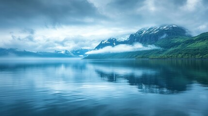  Serene landscape featuring mountains, clouds, and calm water reflecting the tranquil atmosphere.