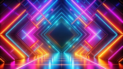 Fototapete - Abstract Neon Geometric Tunnel with Glowing Lines and Reflective Floor