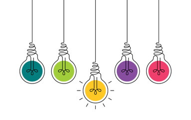 Hanging light bulbs with one glowing on white background. Continuous line drawing light bulb. Concept of idea