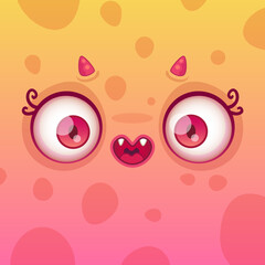 Wall Mural - Cartoon vector illustration of a funny pink monster face with big eyes, little horns, and open mouth, smiling on a gradient background with circles