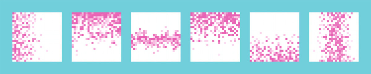 Set of vector cards with pink pixel gradation. Collection of images with raster pixelation effect. Trendy abstract backgrounds with halftone transition, Y2K retro design.