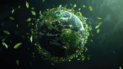 A 3D scene where Earth is depicted as a crystal-clear globe, with all continents covered in green vegetation, surrounded by a ring of floating leaves, representing purity and ecological balance.