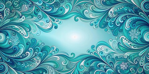 Fototapete - Abstract Swirling Teal and Blue Floral Pattern with White Accents and a Central White Spot