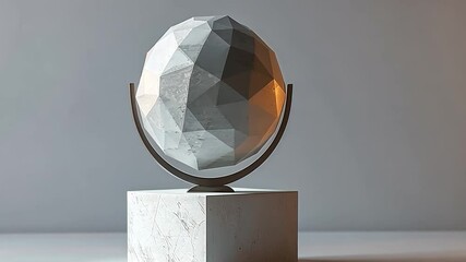 Poster - A contemporary globe sculpture with a faceted design sits on a white marble pedestal. Soft light highlights its features in a minimalistic environment.