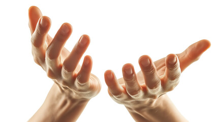 close-up of two human hands in an expressive gesture, palms open upwards, isolated on a white backgr