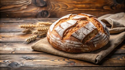 Wall Mural - A freshly baked sourdough bread loaf, dusted with flour, rests on a rustic burlap cloth atop a weathered wooden table, showcasing the simplicity and beauty of homemade baking.