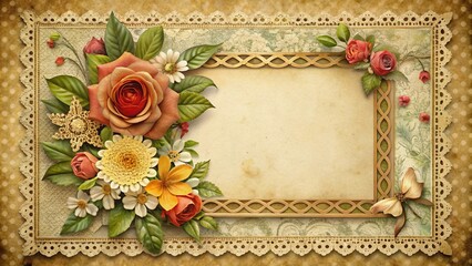 Fototapete - A Delicate Floral Frame with Lace Trim and an Ornate Gold Border for a Vintage Inspired Design