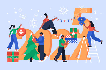 New Year 2025 holiday celebration concept.  Modern vector illustration of people decorating for Christmas and New Year party