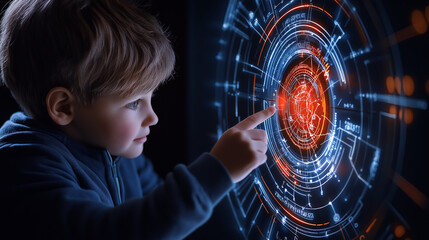 Fototapete - child interacting with digital interface, exploring AI technology and education. scene captures curiosity and engagement with futuristic elements