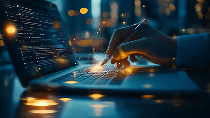 Aufkleber - hand using pen on laptop keyboard, with glowing sparks and blurred background, creating dynamic and creative atmosphere