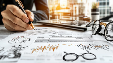 Poster - Business professional completing financial documents with graphs and charts, showcasing analysis and planning in modern office environment