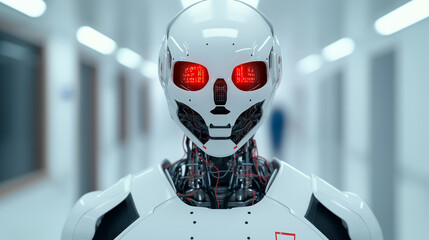 Aufkleber - robotic assistant with glowing red eyes stands in futuristic hallway, showcasing advanced technology and design. atmosphere is both intriguing and eerie, highlighting blend of human like features and