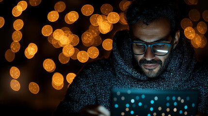 Poster - man wearing glasses is focused on his laptop, surrounded by warm bokeh lights. cozy atmosphere creates sense of concentration and engagement with technology