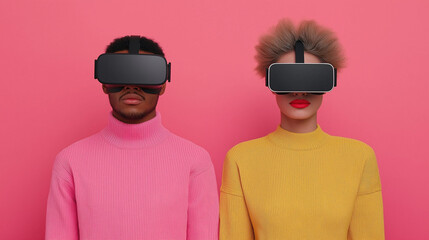 Poster - student using virtual reality headset, showcasing technology and innovation. vibrant colors of their sweaters contrast with pink background, creating modern and engaging atmosphere