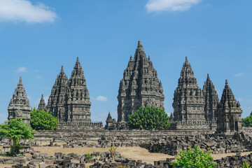 Prambanan temple complex in Yogyakarta, Indonesia with clear sky nature background.