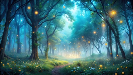 Poster - Enchanted Forest Path Lit by Glowing Fireflies and Mist