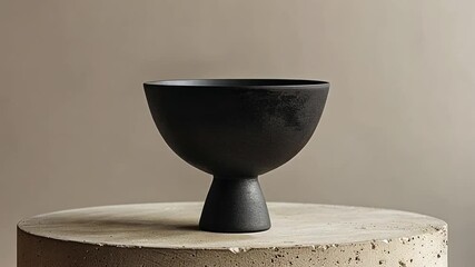 Fototapete - A stylish black bowl is elegantly balanced on a textured pedestal, highlighting contemporary design elements in a minimalist interior space.
