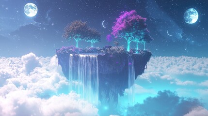 Wall Mural - A floating island above clouds with a magical forest, bioluminescent trees, and waterfalls that pour into the sky, glowing moons in the background