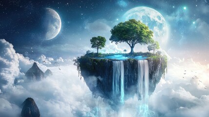 Wall Mural - A floating island above clouds with a magical forest, bioluminescent trees, and waterfalls that pour into the sky, glowing moons in the background