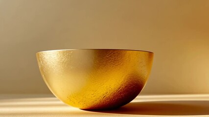 Poster - A golden bowl is placed on a smooth wooden surface, bathed in soft sunlight. The warm hues create a peaceful atmosphere, enhancing the bowl's elegant design.