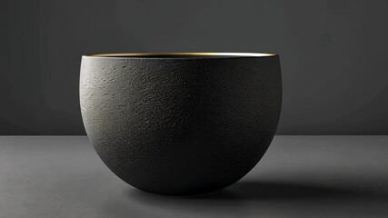 Fototapete - This striking black ceramic bowl features a smooth surface and a sophisticated gold rim, showcased in a minimalist display on a simple dark table.