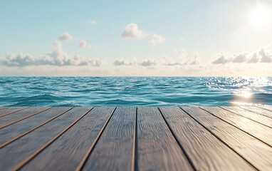 Wall Mural - serene ocean view with gentle waves and wooden deck under bright sky. sunlight reflects on water, cr