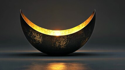 Leinwandbilder - A crescent-shaped object, glowing with a warm golden light, sits on a dark surface, casting reflections that enhance its elegant form in the dim light.