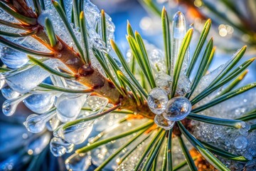 Wall Mural - Pine needles encased in ice crystals with delicate ice texture