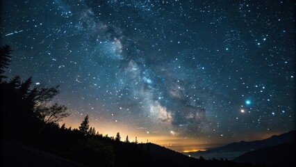 Wall Mural - dark celestial canvas with scattered stars twinkling in shades of blue and gold, glittering, cosmic