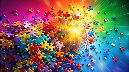 Aufkleber - A vibrant and dynamic puzzle composition showcasing the concept of unity and completion, with colorful pieces radiating outward from a central light source