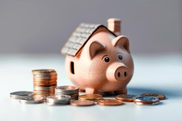 Piggy bank with roof and coins. Saving money for home purchase. Finance, property, mortgage, real estate, investment concept