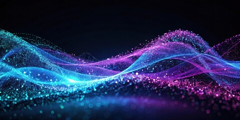 Aufkleber - Abstract digital wave of light particles in shades of blue and purple on a black background.
