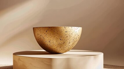 Fototapete - A beautifully crafted ceramic bowl, featuring a speckled texture, sits elegantly on a circular pedestal. The warm, sandy backdrop enhances its natural beauty, illuminated by golden hour light.