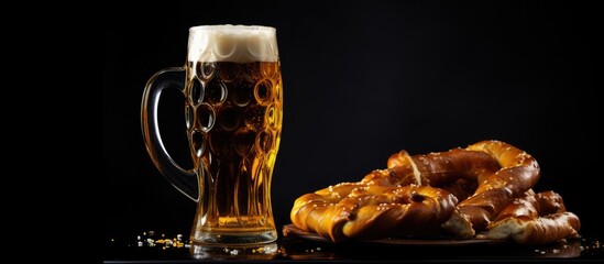 Traditional pretzels served with golden beer in a glass against a dark background showcasing a classic food and drink pairing.