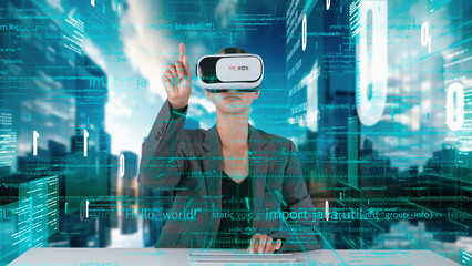 IT developer typing computer code for analyzing intelligent website development coder system data selection by VR innovation interface digital network technology visual hologram server. Contraption.