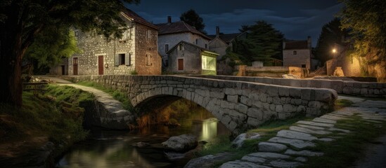 Wall Mural - Night view of traditional stone houses and a bridge in a tranquil village setting showcasing HDR photography and scenic light reflections