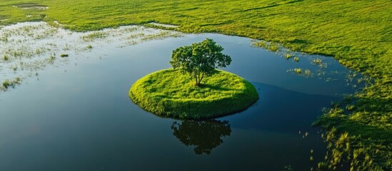 Aerial view of a solitary island with a tree in the center of a serene paddy field surrounded by tranquil water and lush green landscape