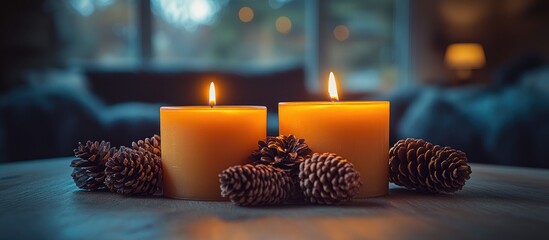 Poster - Cozy home interior with burning candles and pine cones creating a warm and inviting atmosphere on a rustic wooden table