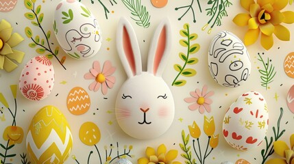 Wall Mural - A collection of colorful hand-painted Easter eggs displayed on a wooden table