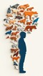 © songwut - Imagination Illustrated: A Silhouette of a Person Surrounded by Colorful Animal Shapes Emerging from Their Mind in a Creative Conceptual Art Display
