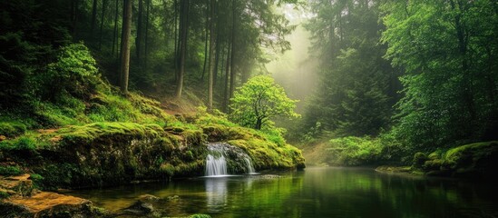 Wall Mural - tranquil forest landscape with lush greenery and serene water flowing through creating a peaceful na