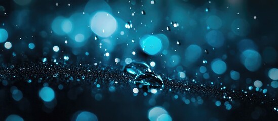 Wall Mural - close-up of blue bokeh lights with water droplets against a dark background creating a mesmerizing a
