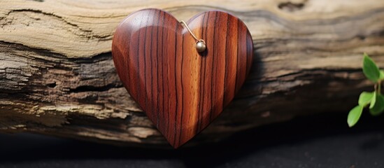 Sticker - Wooden heart decoration on rustic wood background showcasing craftsmanship and natural beauty perfect for romantic themes or home decor