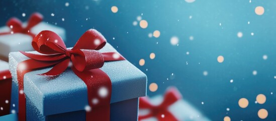 Wall Mural - Christmas gift box with red ribbon surrounded by snowflakes on a blue background for festive holiday themes and celebrations.