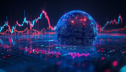 Fototapete - 3D digital globe with glowing binary code and financial graphs, blue background, global data analytics and financial trends