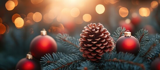 Wall Mural - Festive pinecone and ornaments on evergreen branches with warm bokeh lights creating a cozy Christmas atmosphere for holiday celebrations