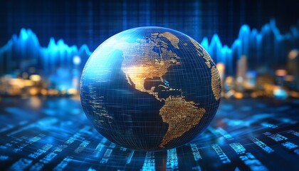 Fototapete - 3D rendered digital globe with flowing binary code and financial graphs on a blue background, global finance and data concept