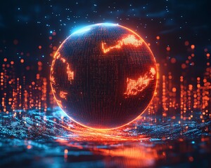 Fototapete - 3D rendered digital globe with flowing binary code and financial graphs on a blue background, global finance and data concept